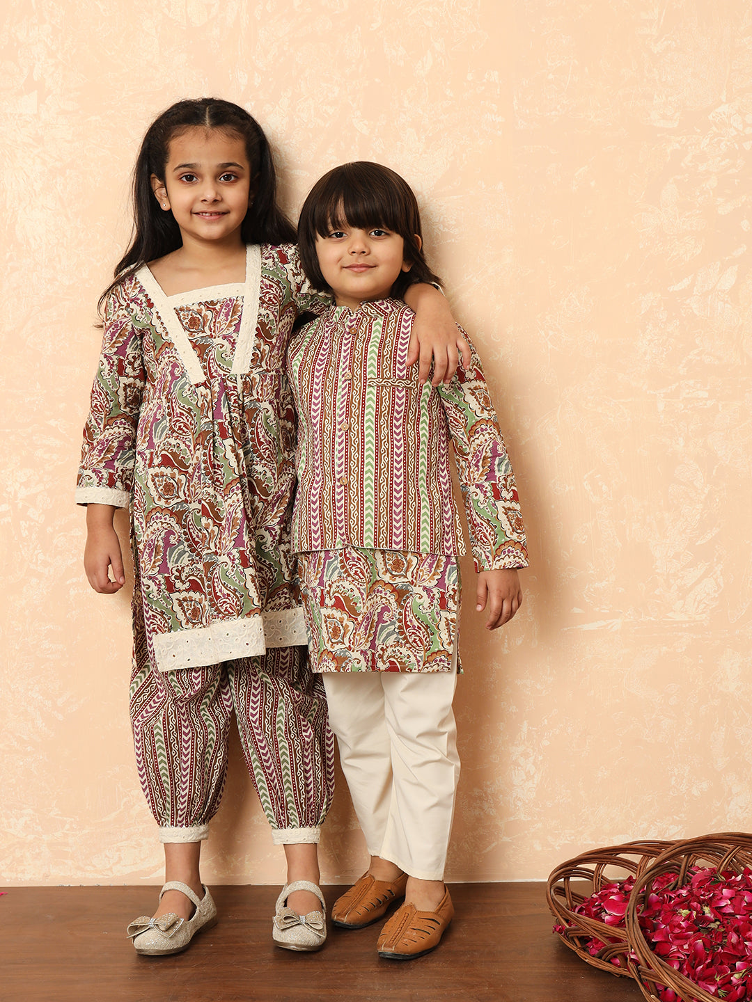 Girls A Line Style Cotton Fabric Purple Color Printed Kurti And Heram With Gotta Lace Work