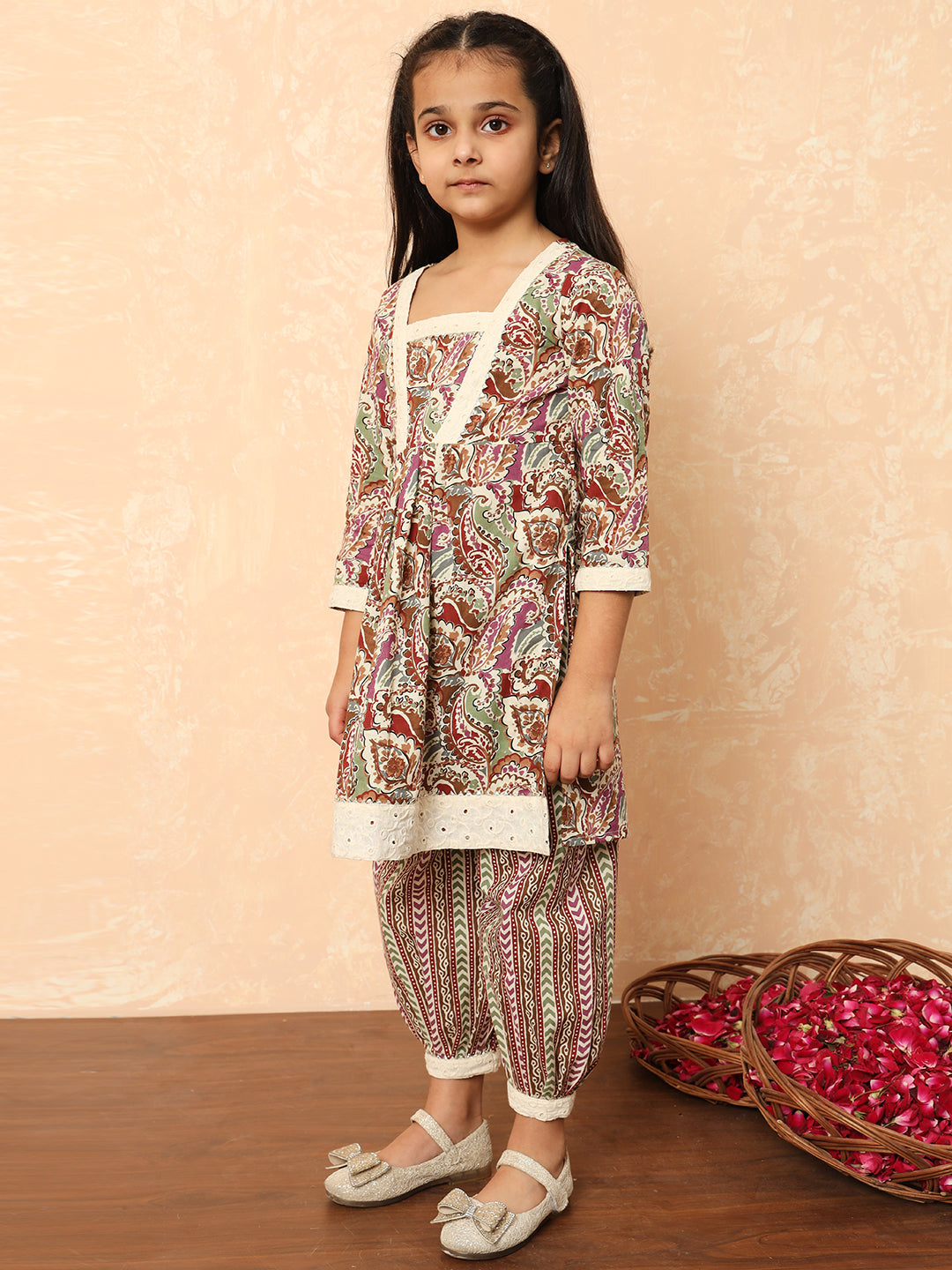 Girls A Line Style Cotton Fabric Purple Color Printed Kurti And Heram With Gotta Lace Work