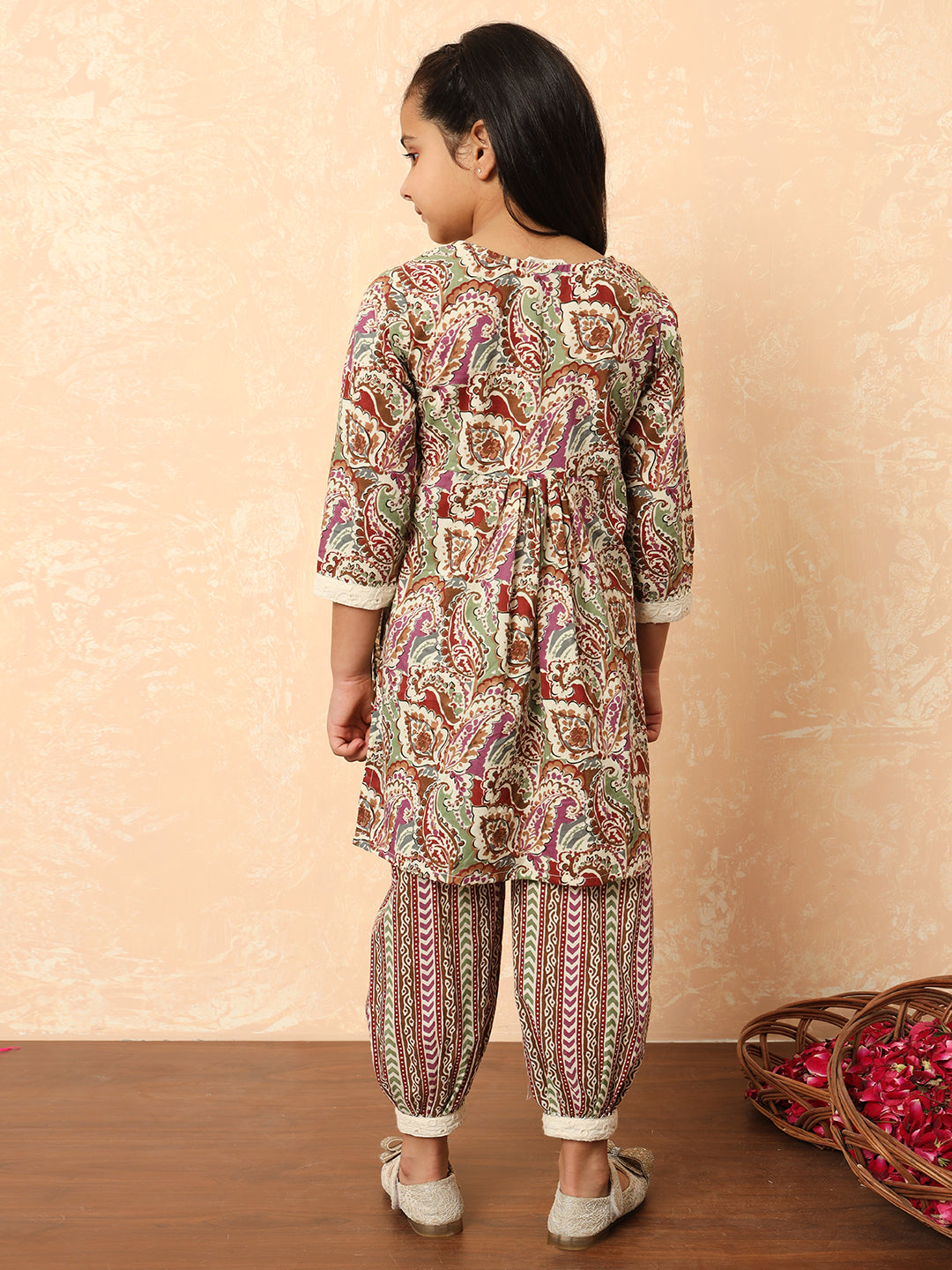 Girls A Line Style Cotton Fabric Purple Color Printed Kurti And Heram With Gotta Lace Work