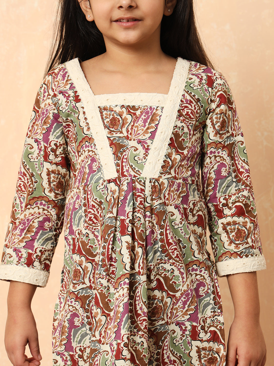 Girls A Line Style Cotton Fabric Purple Color Printed Kurti And Heram With Gotta Lace Work