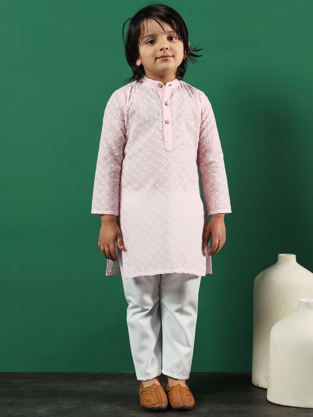 Boys Straight Style Cotton Fabric Pink Color Chikankari Kurta And Pyjama