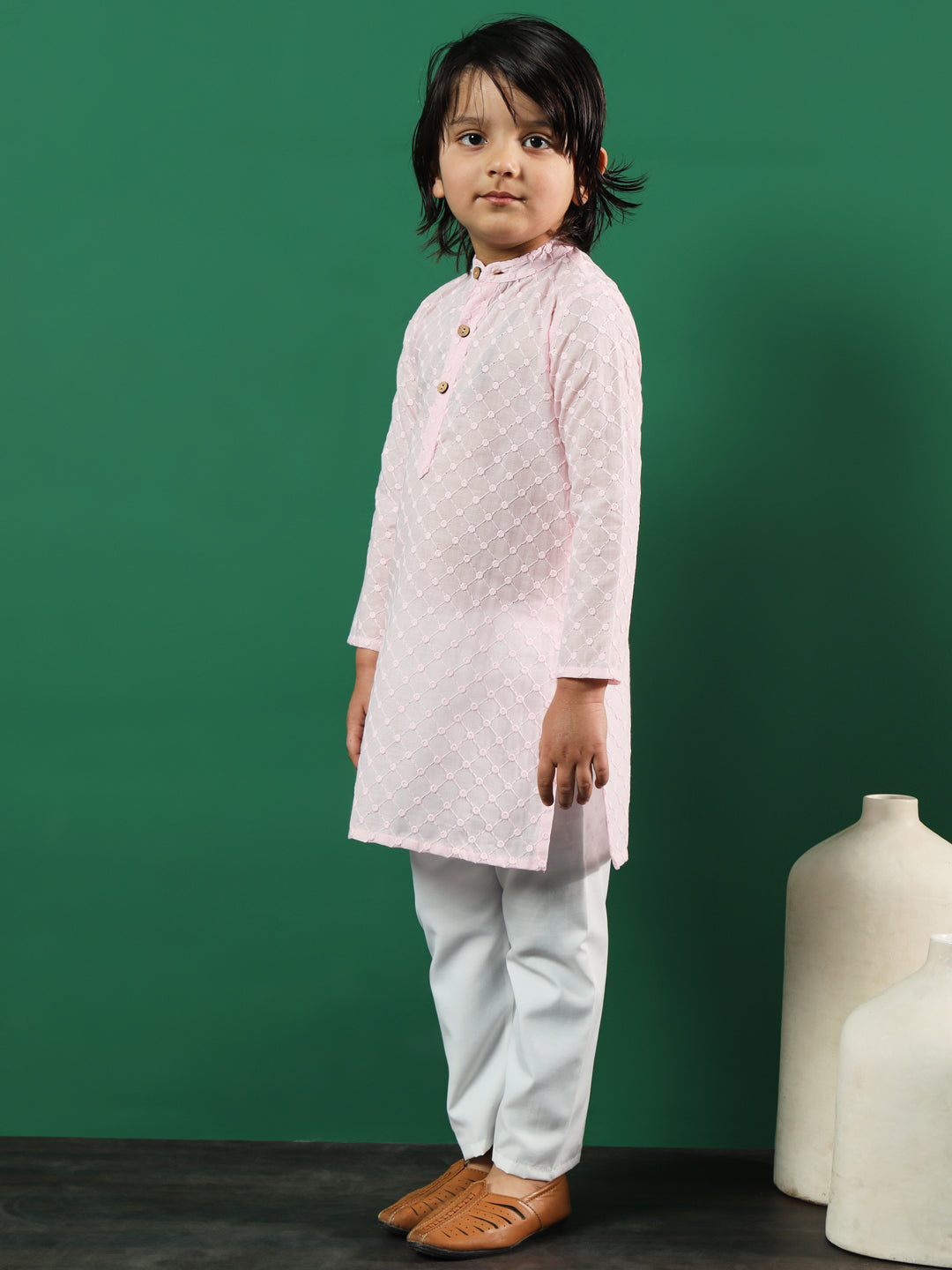 Boys Straight Style Cotton Fabric Pink Color Chikankari Kurta And Pyjama