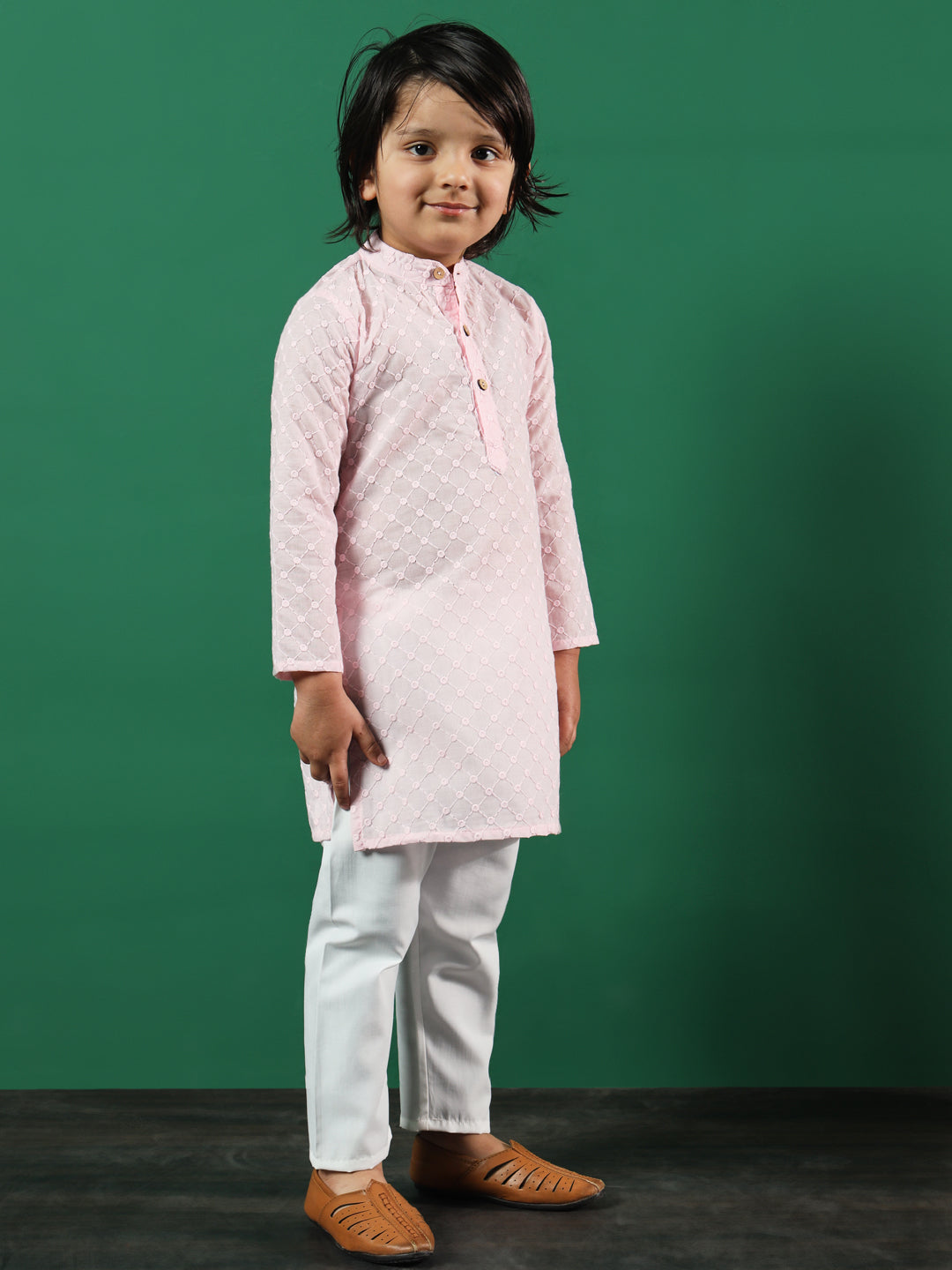 Boys Straight Style Cotton Fabric Pink Color Chikankari Kurta And Pyjama