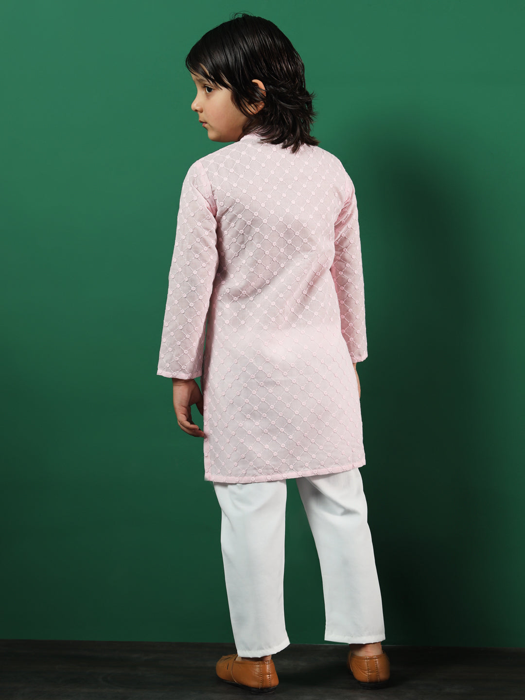 Boys Straight Style Cotton Fabric Pink Color Chikankari Kurta And Pyjama