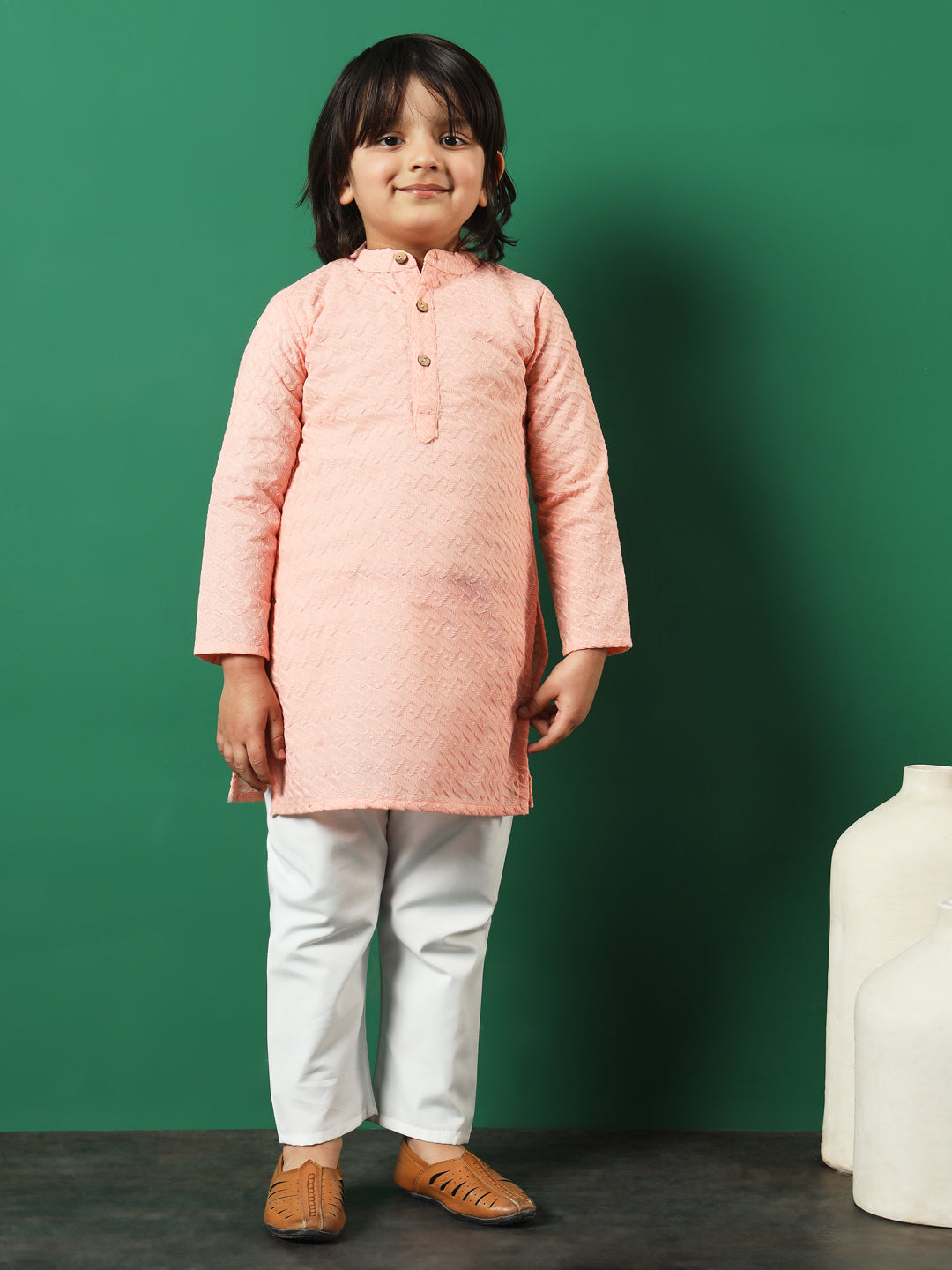 Boys Straight Style Cotton Fabric Peach Color Chikankari Kurta And Pyjama