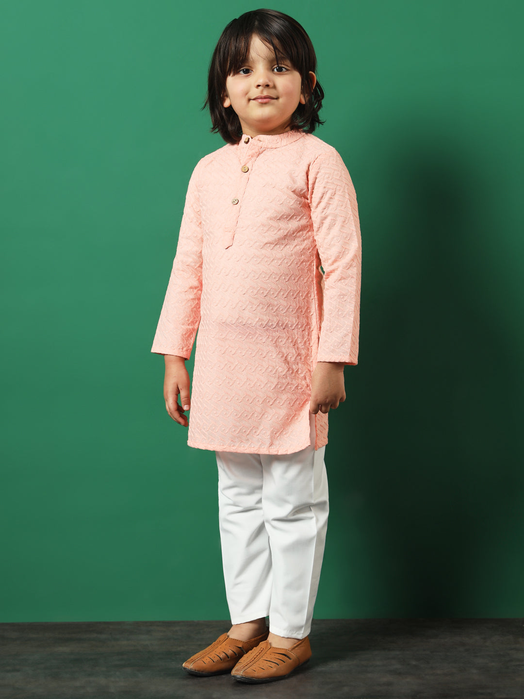 Boys Straight Style Cotton Fabric Peach Color Chikankari Kurta And Pyjama