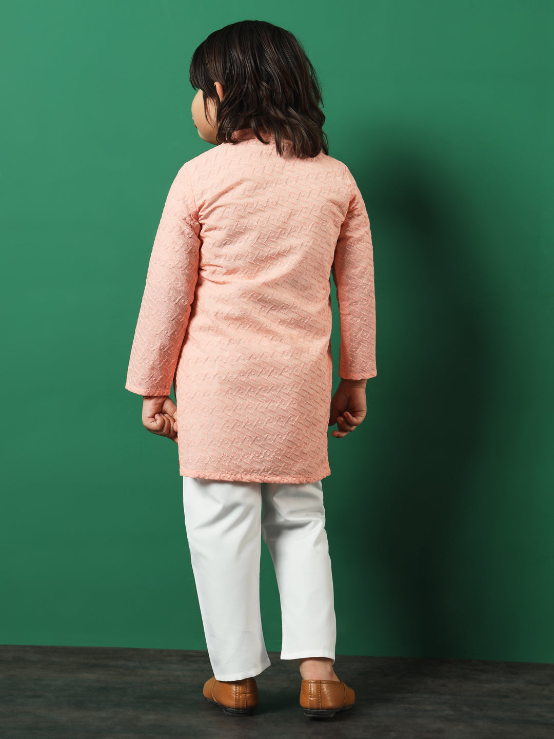 Boys Straight Style Cotton Fabric Peach Color Chikankari Kurta And Pyjama