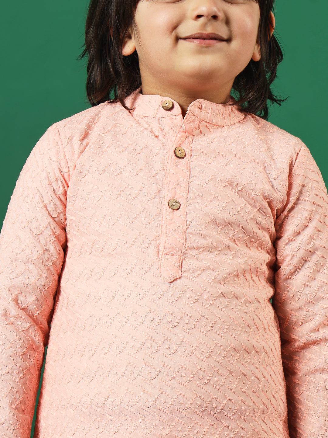 Boys Straight Style Cotton Fabric Peach Color Chikankari Kurta And Pyjama