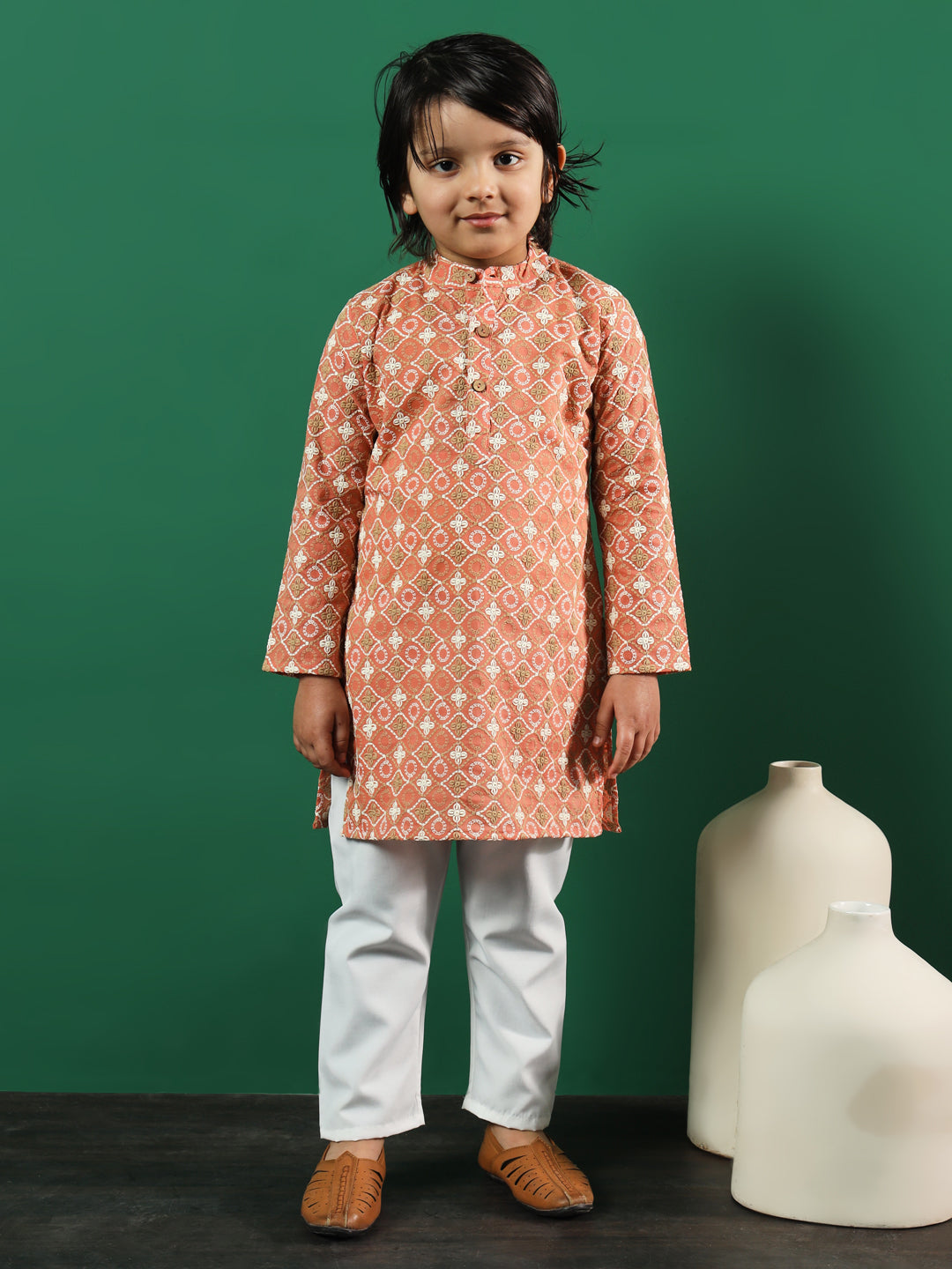 Boys Straight Style Cotton Fabric Rust Color Chikankari Kurta And Pyjama