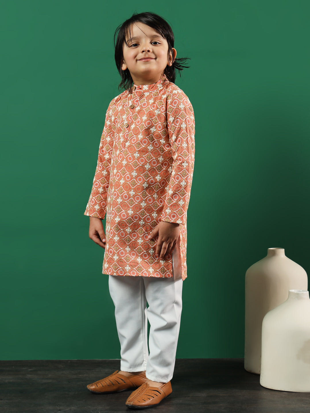 Boys Straight Style Cotton Fabric Rust Color Chikankari Kurta And Pyjama