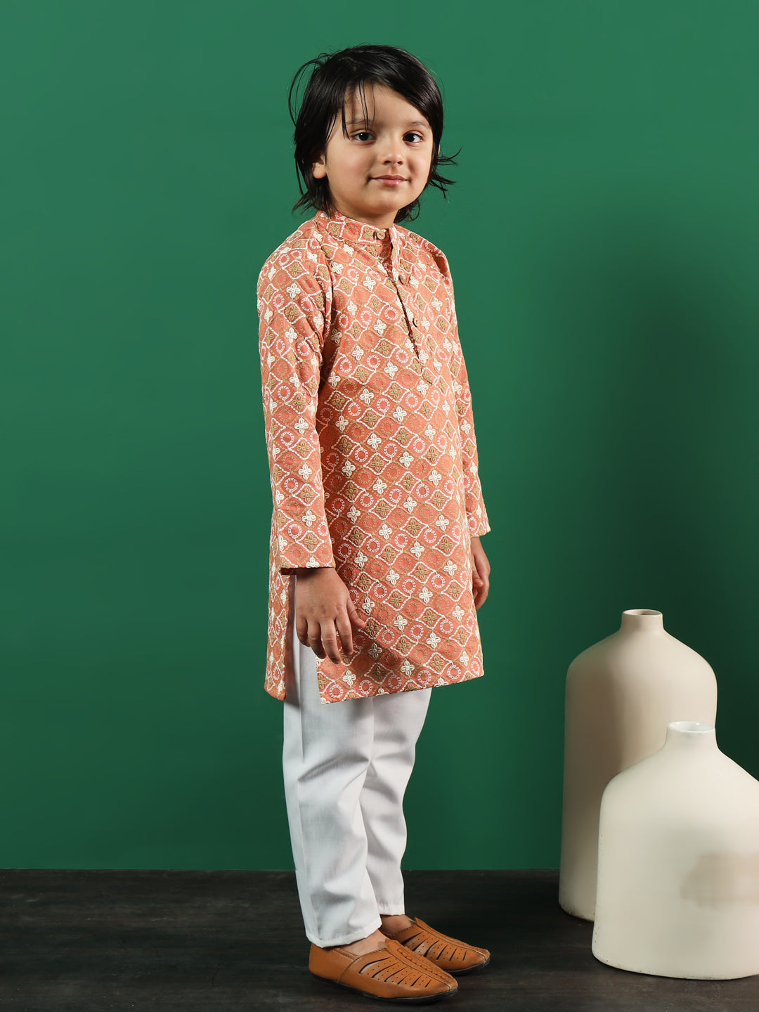 Boys Straight Style Cotton Fabric Rust Color Chikankari Kurta And Pyjama