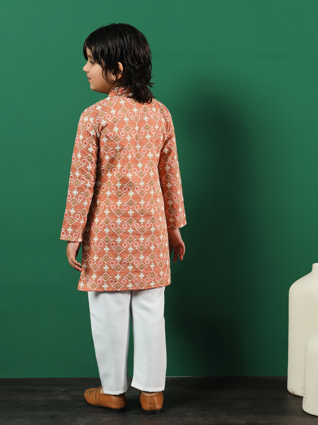 Boys Straight Style Cotton Fabric Rust Color Chikankari Kurta And Pyjama