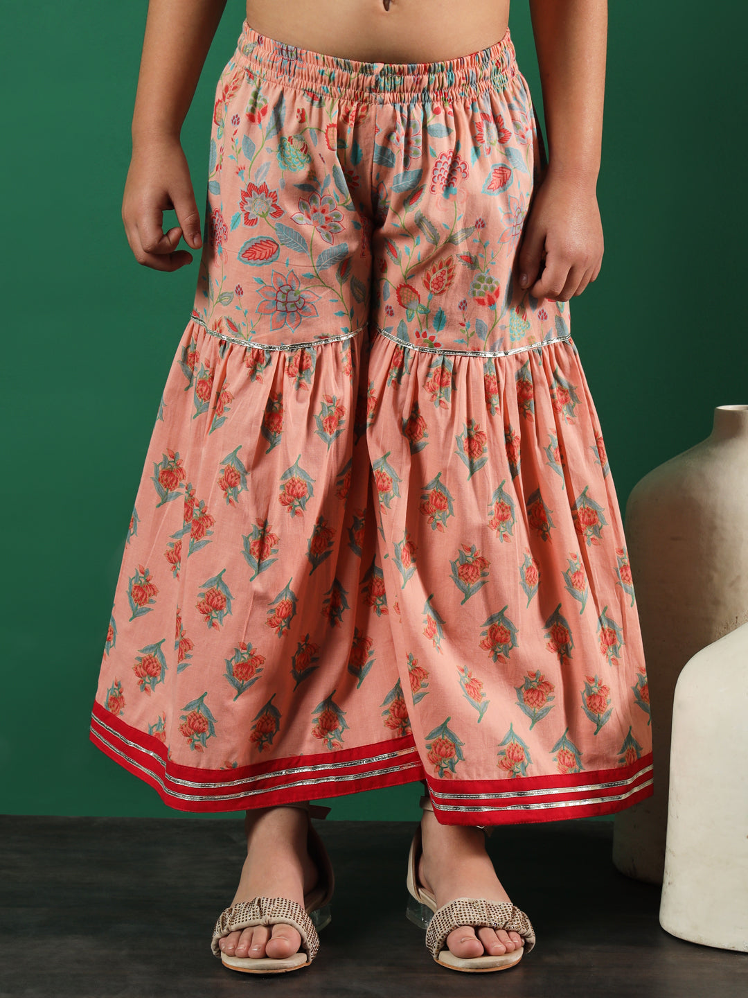 Frock Style Cotton Fabric Peach Color Floral Printed Kurti And Sharara With Gotta Lace Work