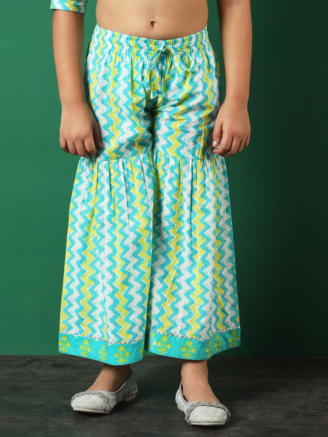 Frock Style Cotton Fabric Turquoise Blue Color Printed Kurti And Sharara With Gotta Lace Work