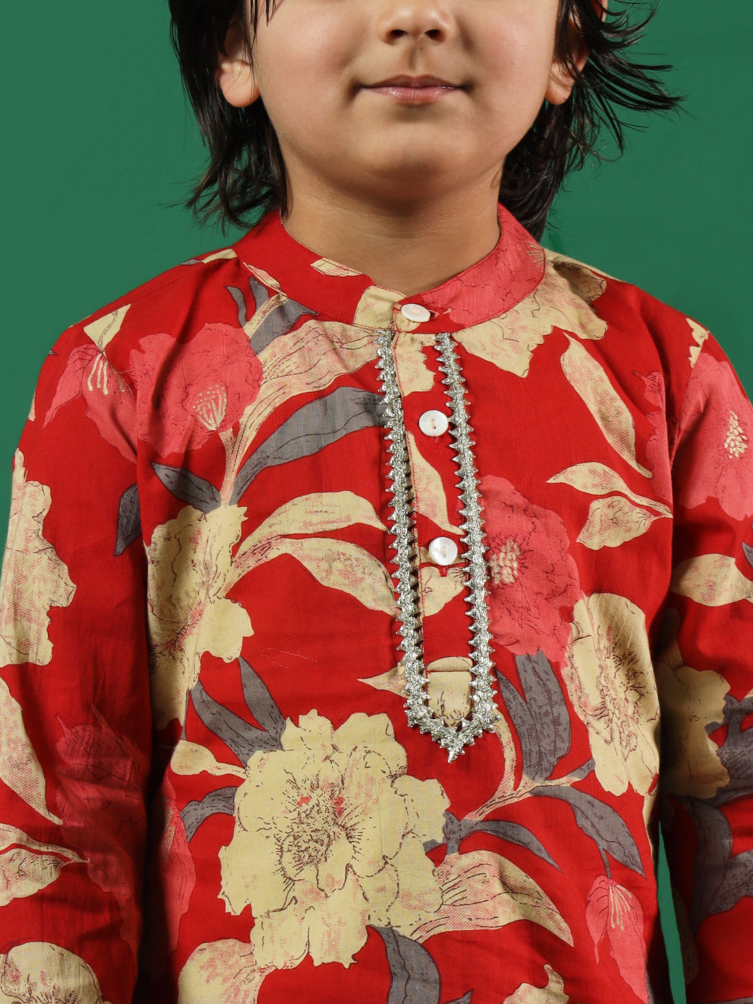 Boys Straight Style Cotton Fabric Red Color Floral Printed Kurta And Pyjama