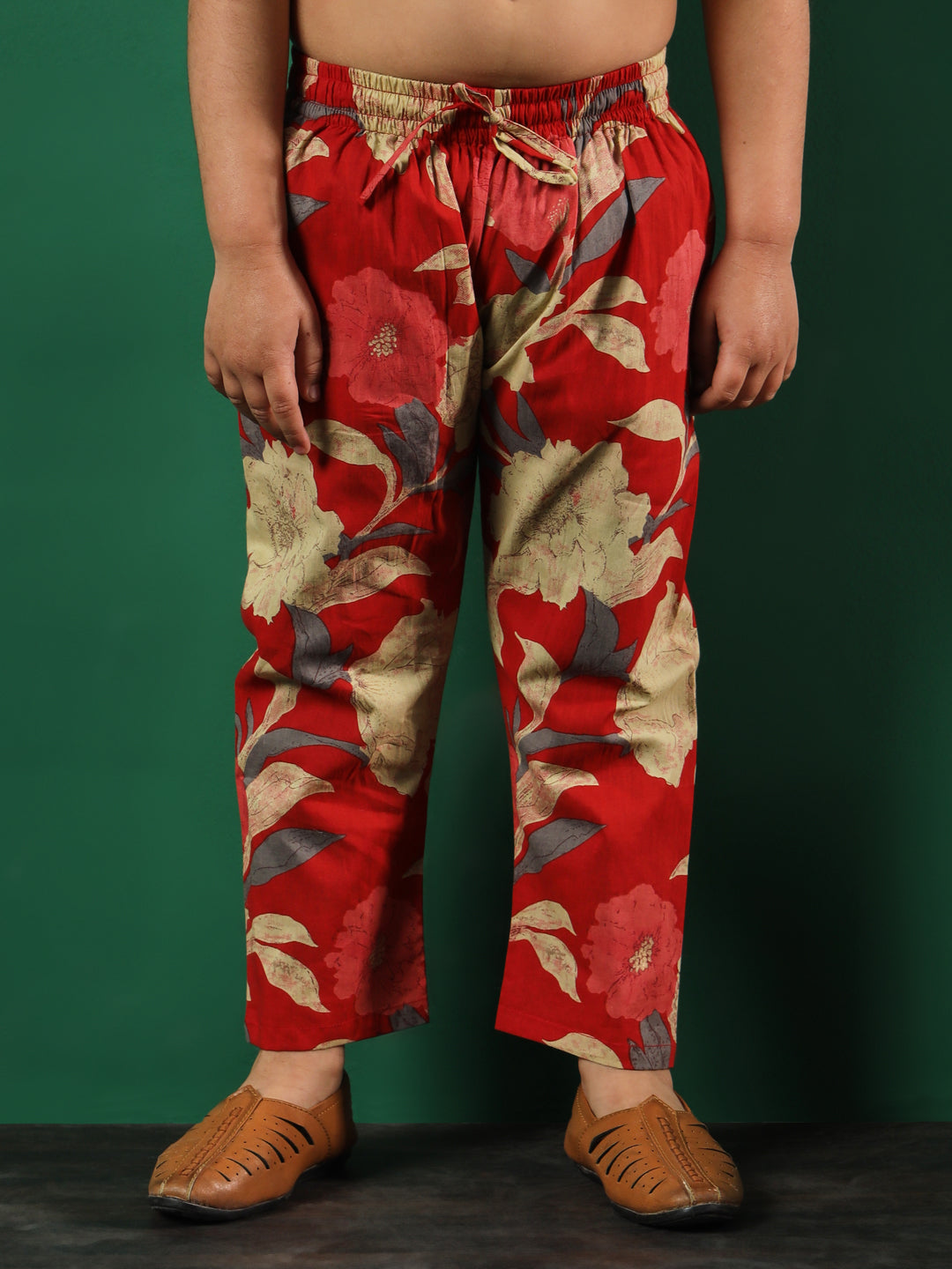 Boys Straight Style Cotton Fabric Red Color Floral Printed Kurta And Pyjama