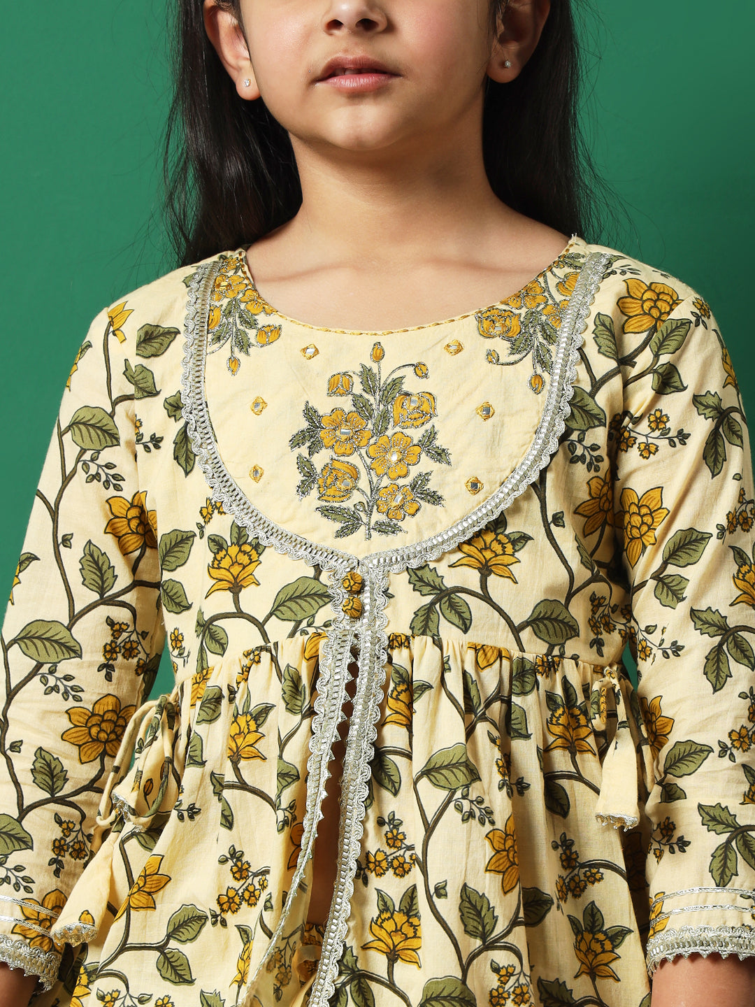 Girls Frock Style Cotton Fabric Beige Color Floral Printed Kurti And Sharara With Gotta Lace Work