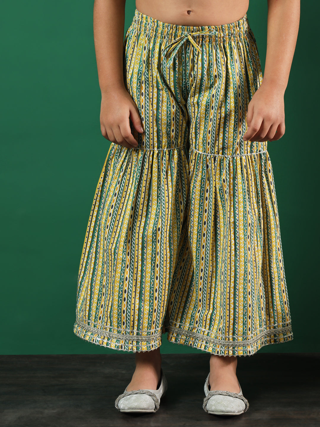 Frock Style Cotton Fabric Yellow Color Printed Kurti And Sharara With Zari, Gotta Lace Work