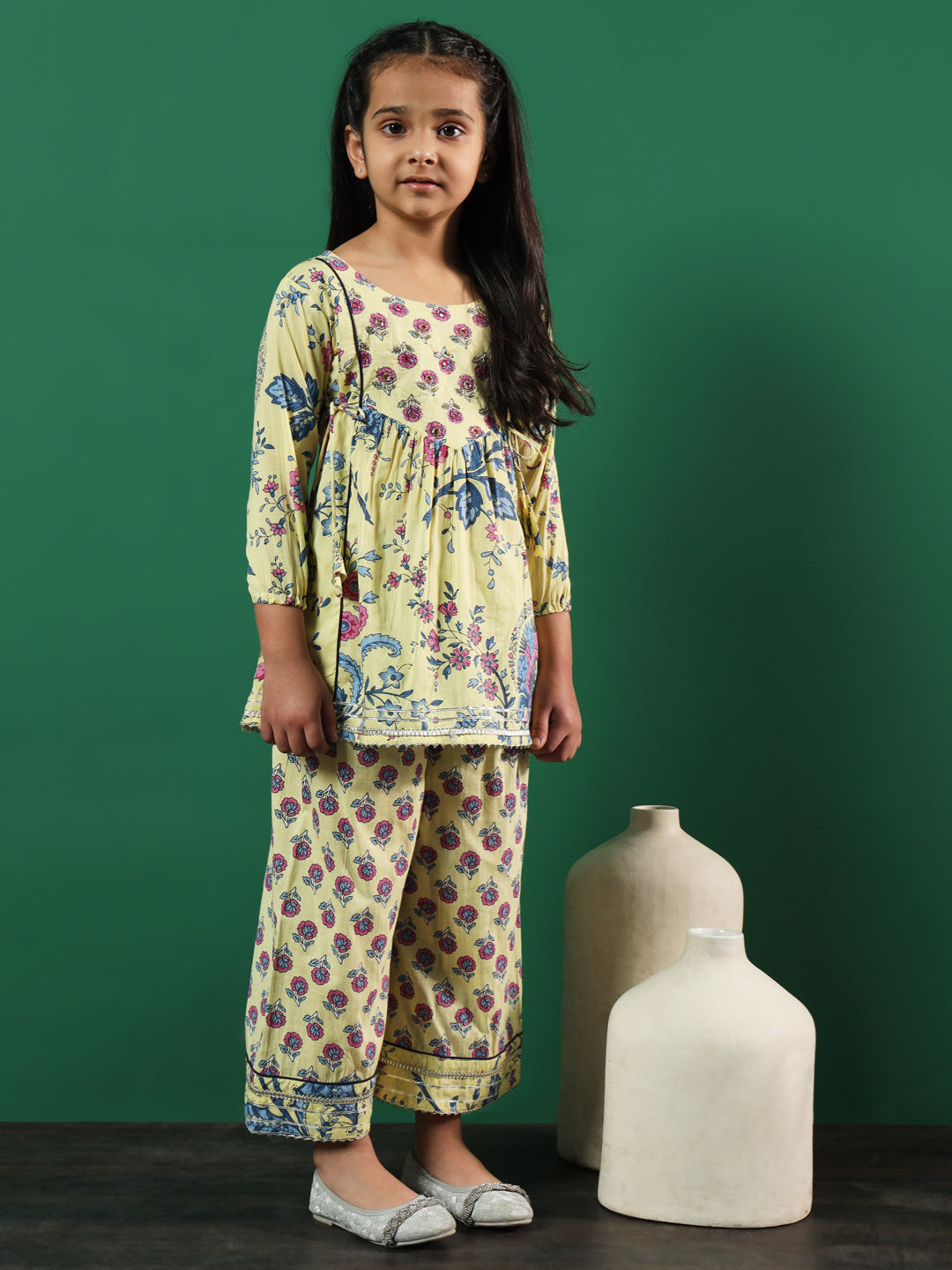 Frock Style Cotton Fabric Yellow Color Floral Printed Kurti And Palazzo With Gotta Lace Work