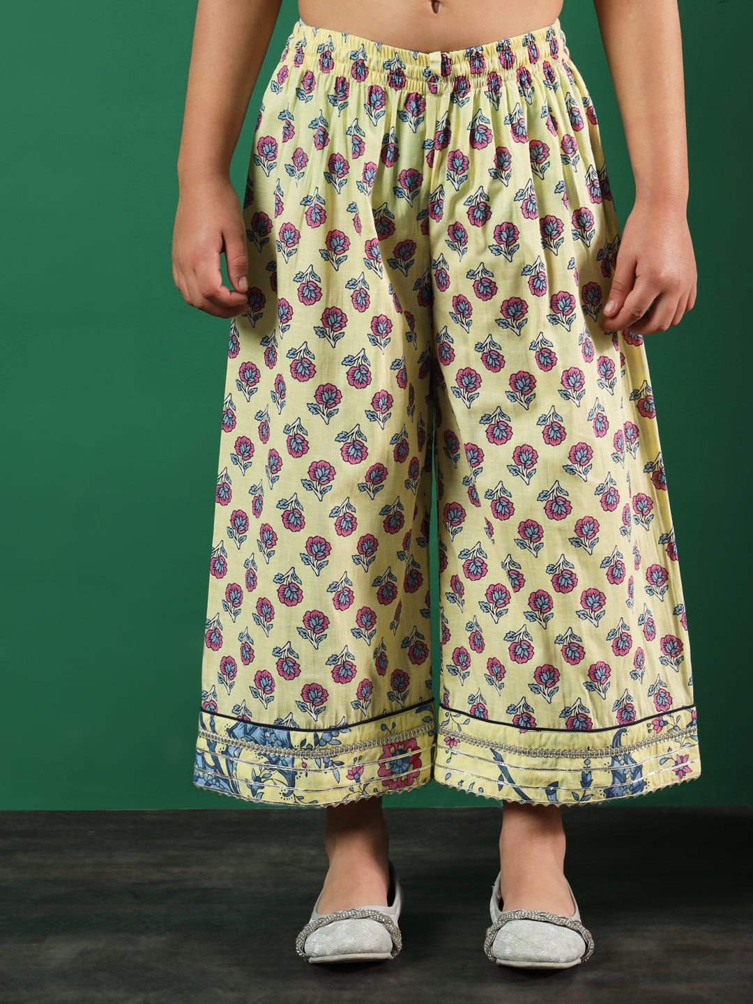 Frock Style Cotton Fabric Yellow Color Floral Printed Kurti And Palazzo With Gotta Lace Work