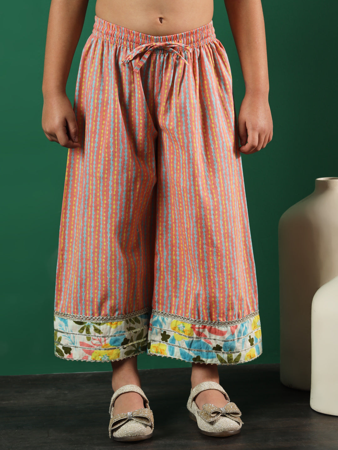 Frock Style Cotton Fabric Peach Color Floral Printed Kurti And Palazzo In Gotta Lace Work With Dupatta