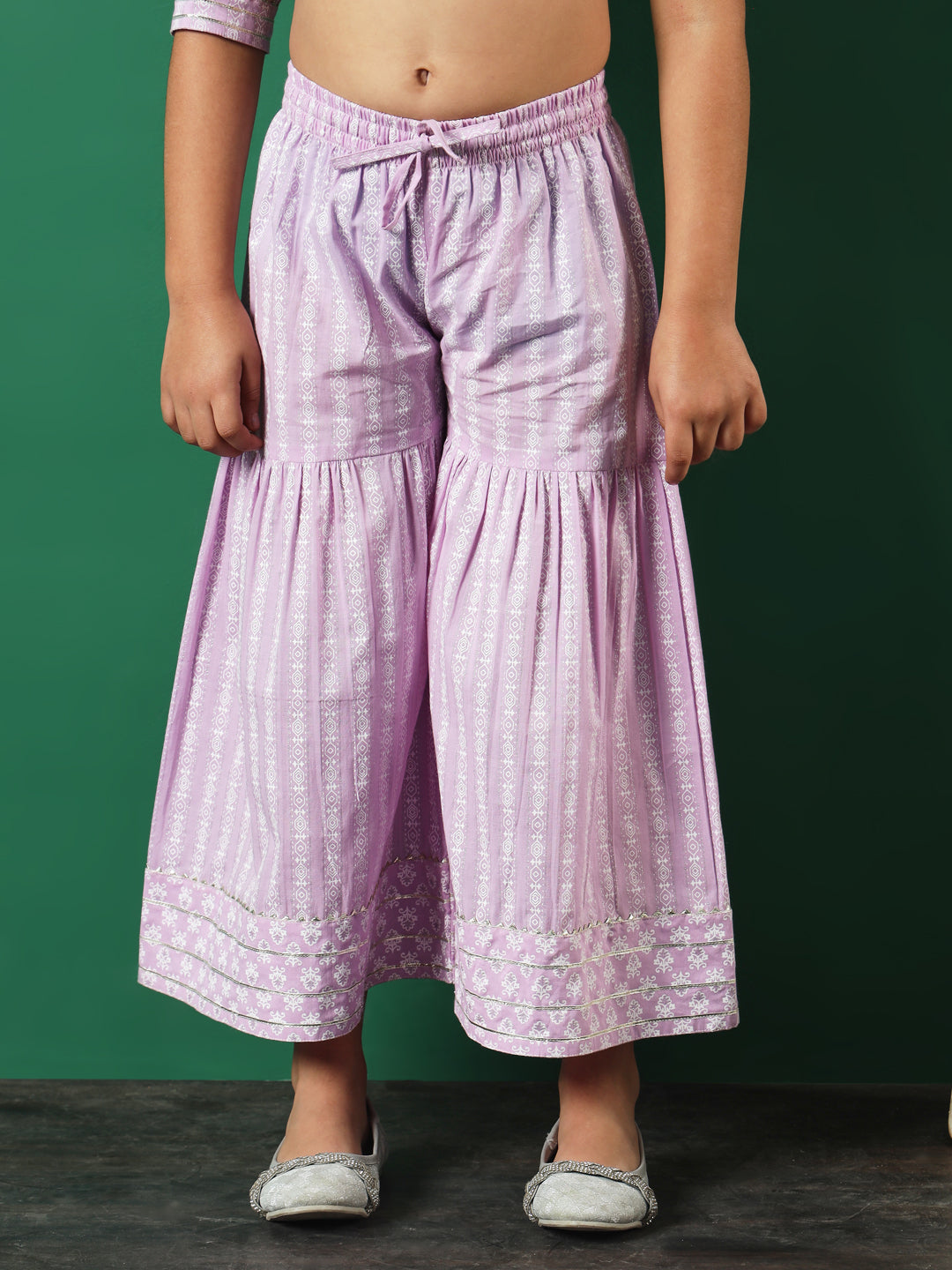 A-Line Style Cotton Fabric Mauve Color Printed Kurti And Sharara With Zari, Gotta Lace Work