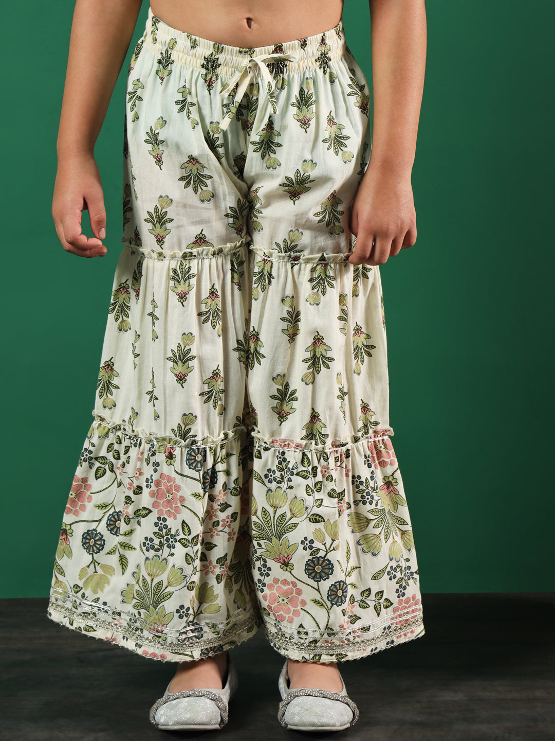 Frock Style Cotton Fabric Cream Color Floral Printed Kurti And Sharara With Cut Dana, Gotta Work