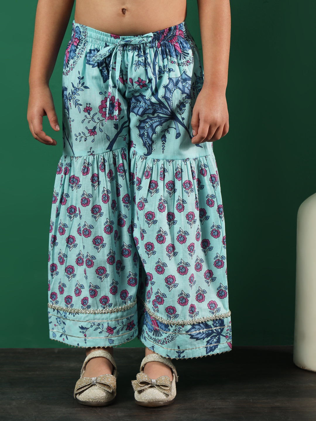 Frock Style Cotton Fabric Turquoise Blue Color Floral Printed Kurti And Sharara With Gotta Work