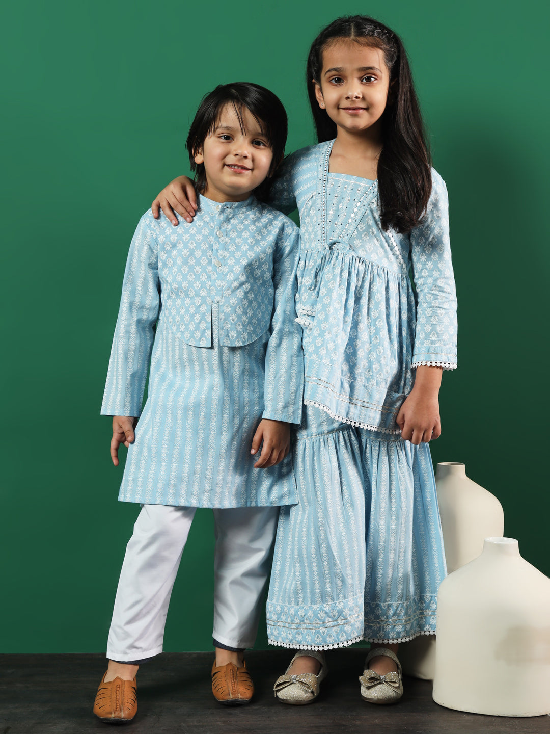 Girls Frock Style Cotton Fabric Grey Color Printed Kurti And Sharara With Gotta Lace Work
