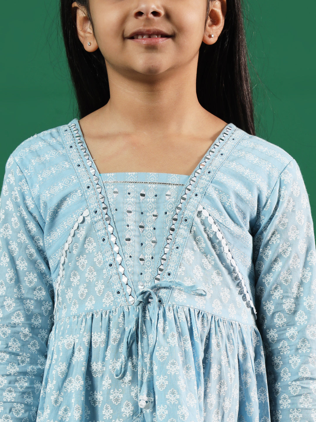 Girls Frock Style Cotton Fabric Grey Color Printed Kurti And Sharara With Gotta Lace Work