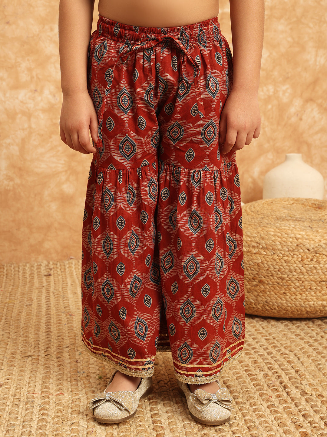 Girls Frock Style Cotton Fabric Maroon Color Printed Kurti And Sharara With Gotta Lace Work