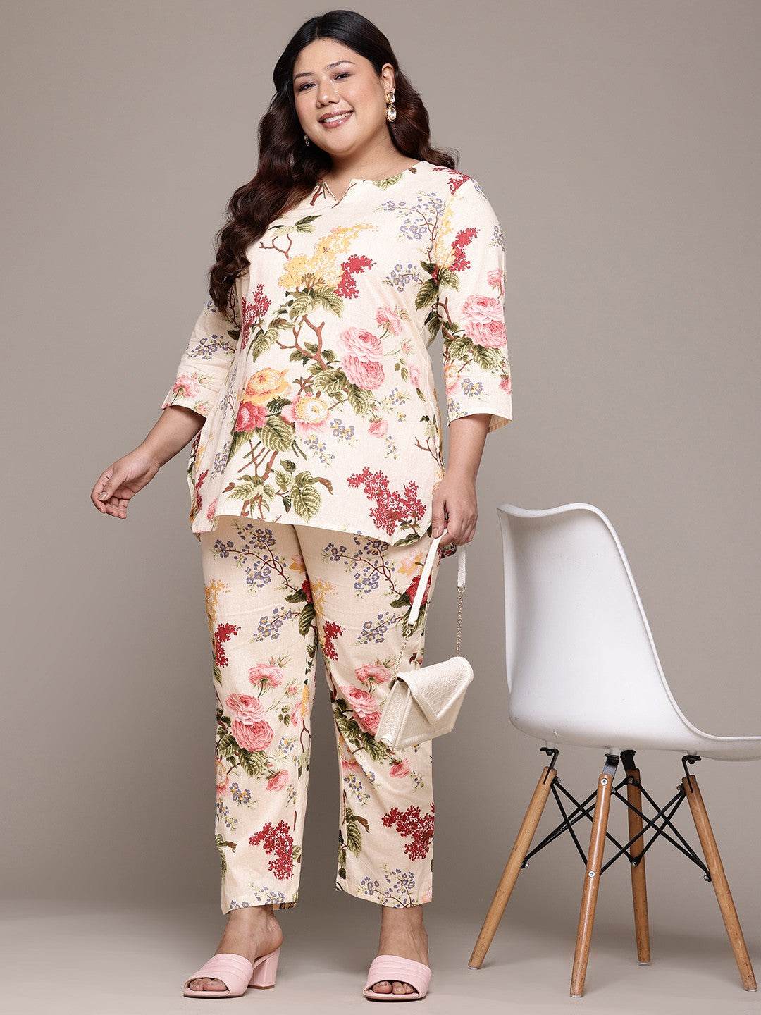 Straight Style Cotton Fabric Off White Color Co-Ord Set