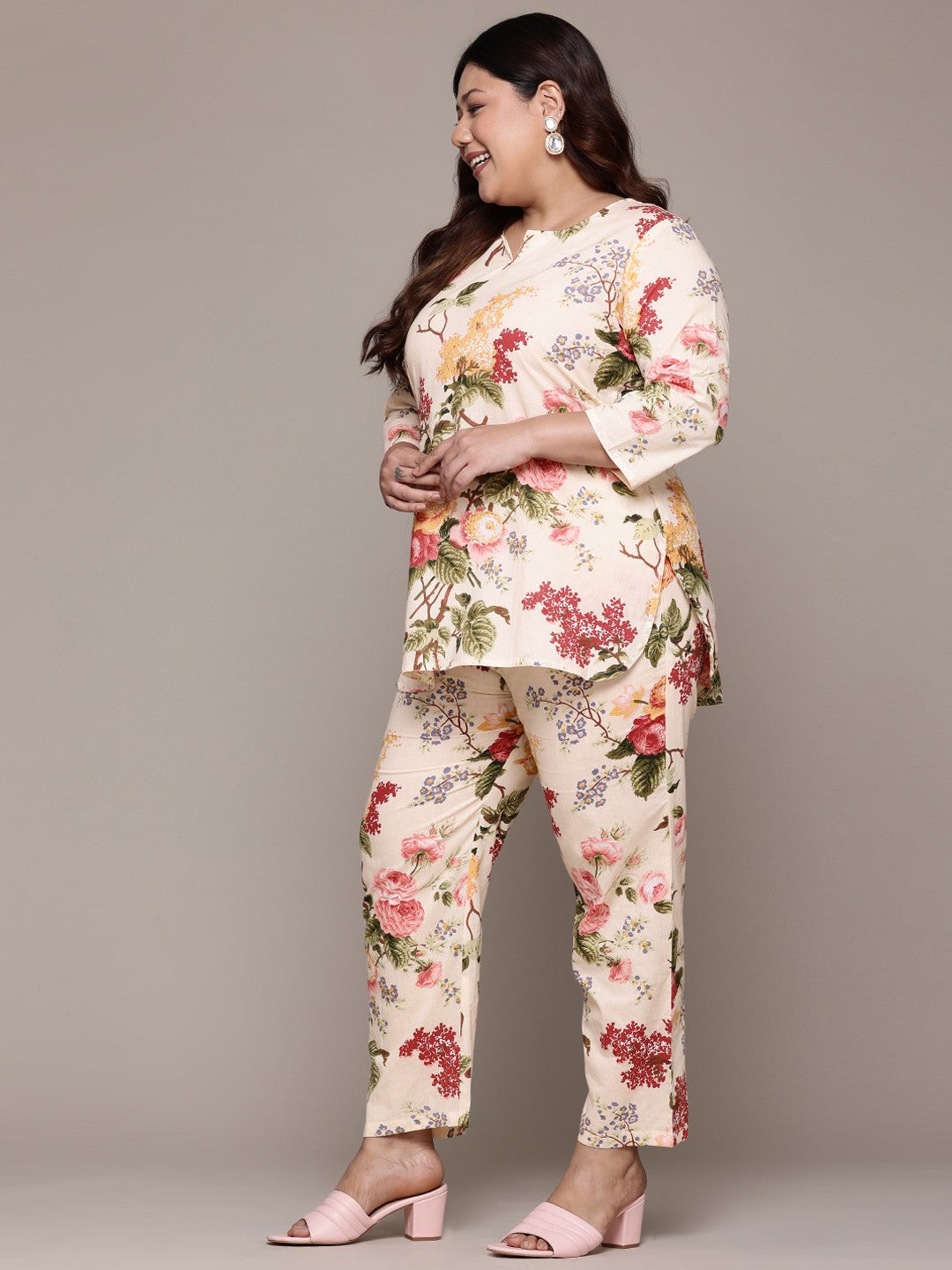 Straight Style Cotton Fabric Off White Color Co-Ord Set