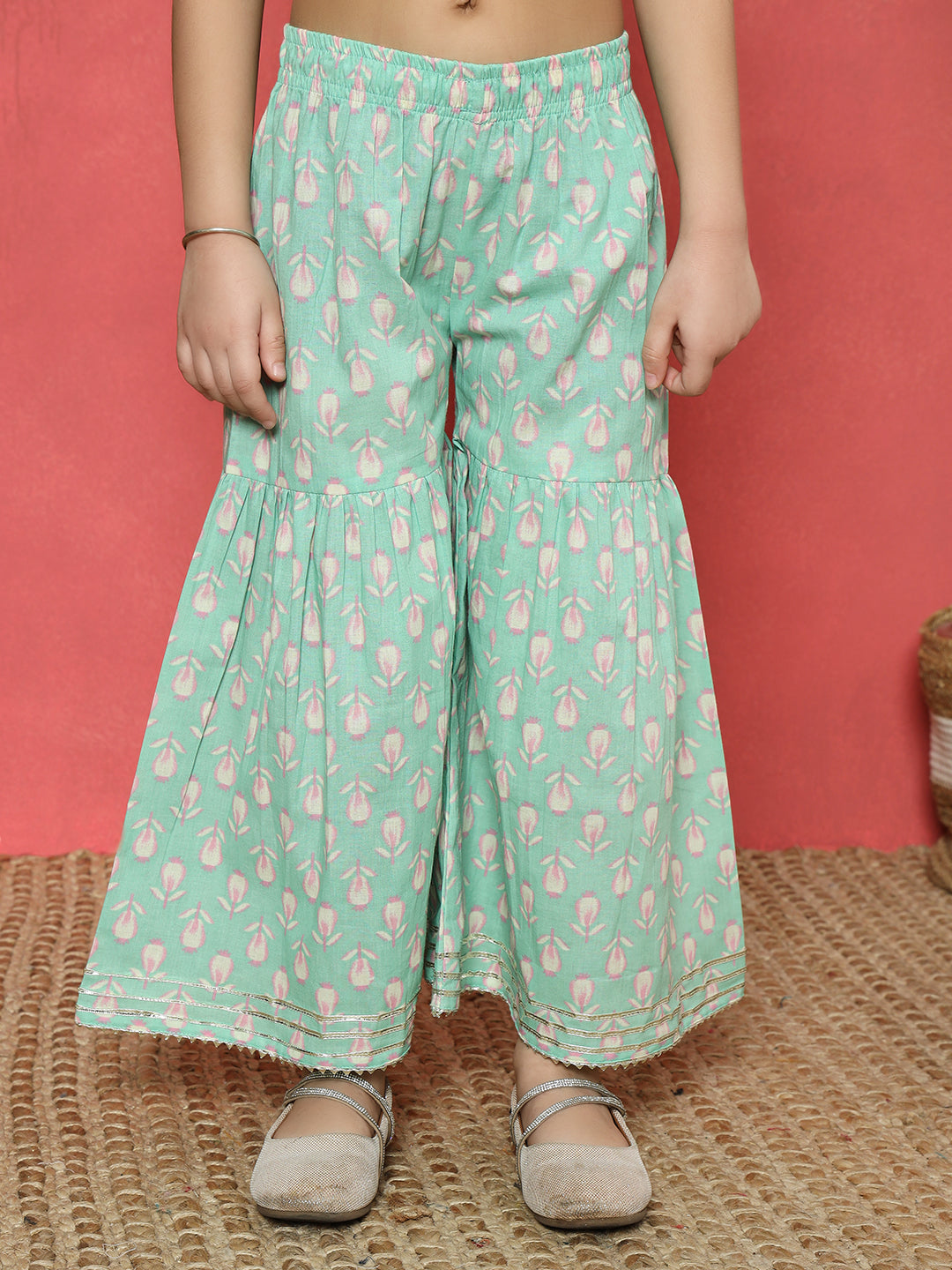 Frock Style Cotton Fabric Sea Green Color Floral Printed Kurti And Sharara With Gotta Lace Work