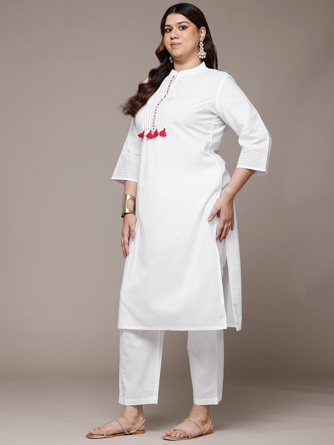 Straight Style Cotton Fabric White Colour Kurta With Bottom And Dupatta
