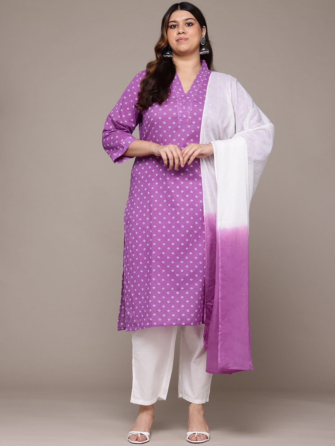 Straight Style Cotton Fabric Purple Colour Kurta With Bottom And Dupatta