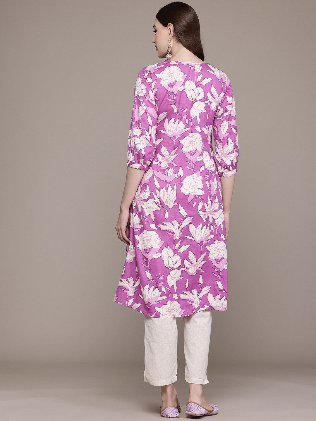 A Line Style Cotton Fabric Purple Colour Kurta With Bottom