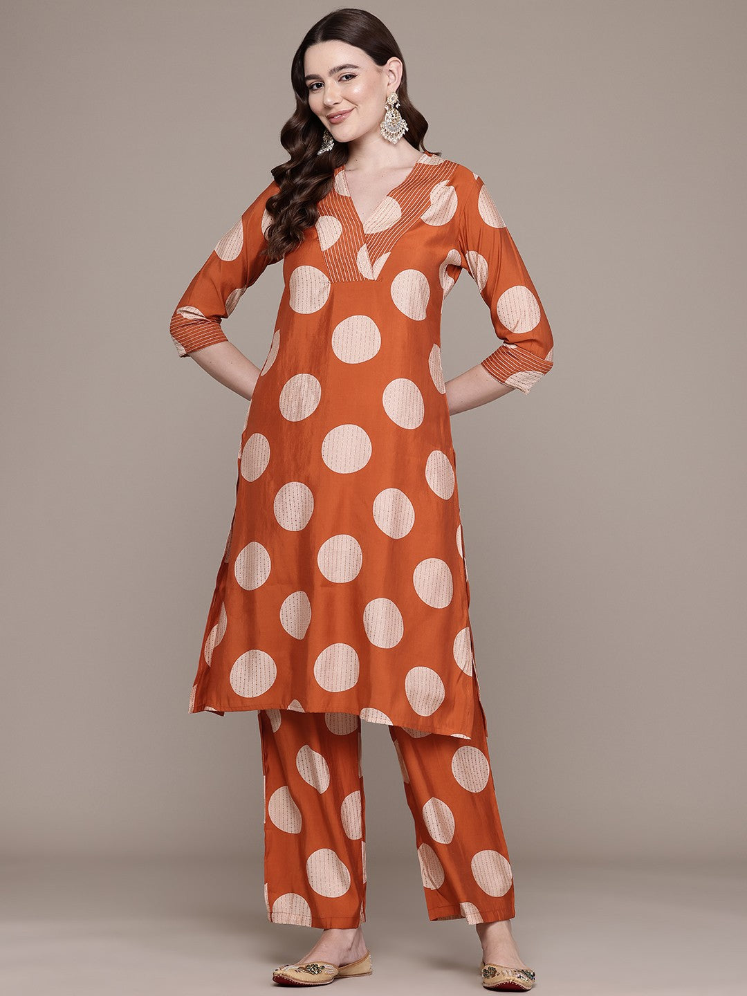 Straight Style Silk Fabric Orange Colour Kurta With Bottom