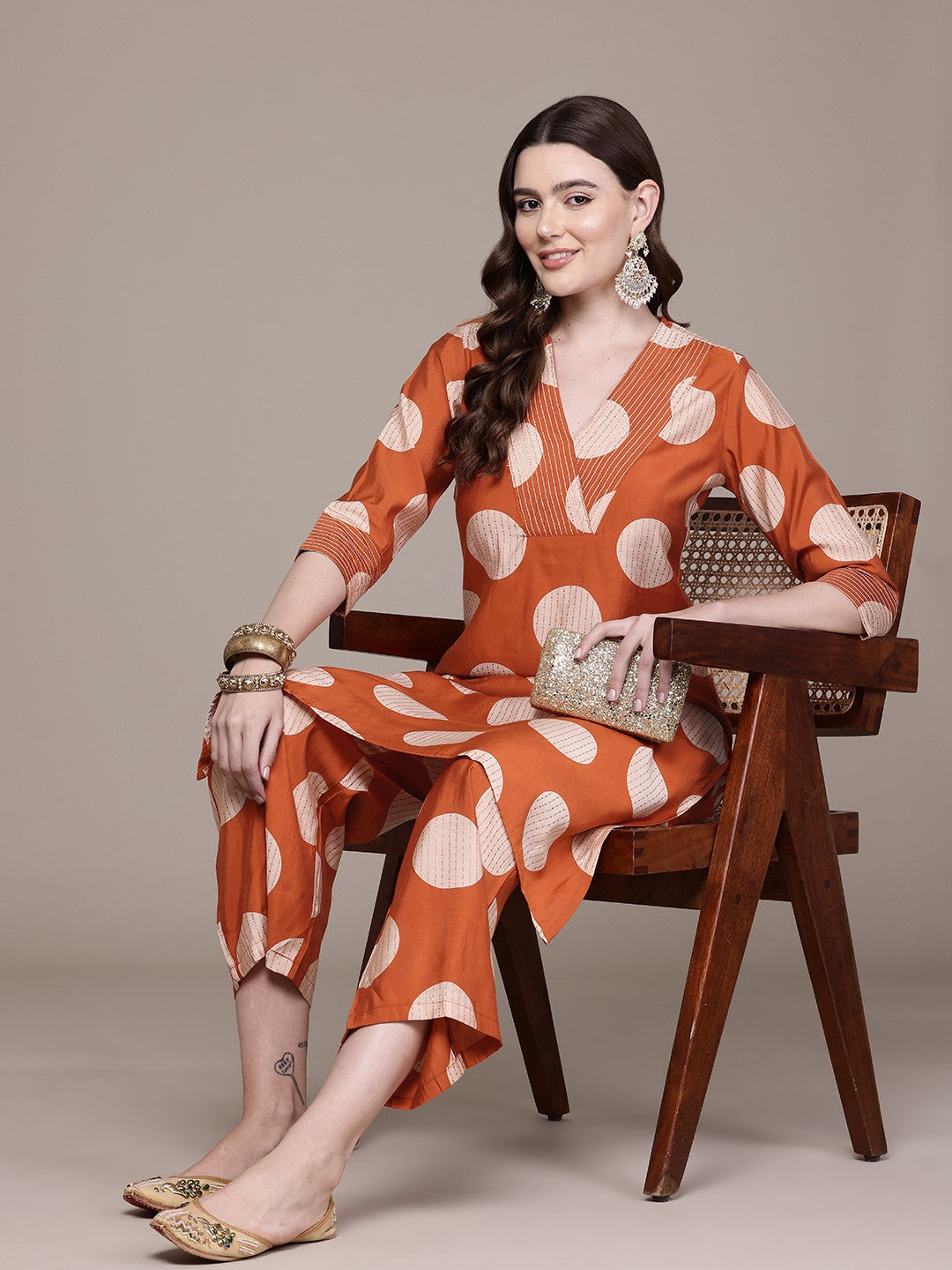 Straight Style Silk Fabric Orange Colour Kurta With Bottom