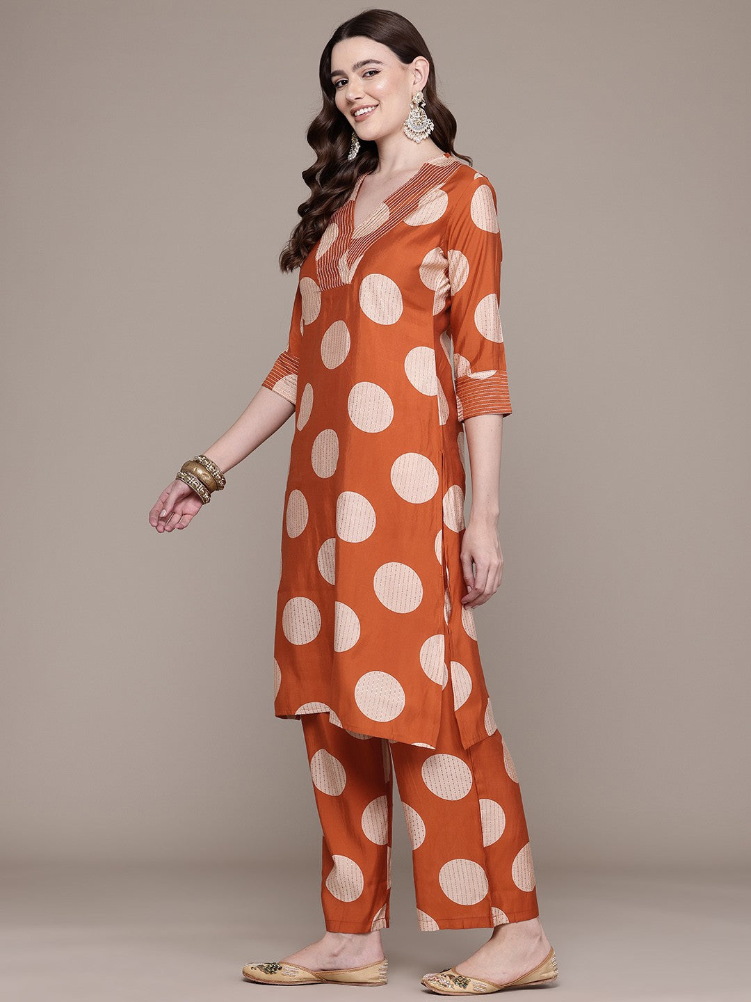 Straight Style Silk Fabric Orange Colour Kurta With Bottom