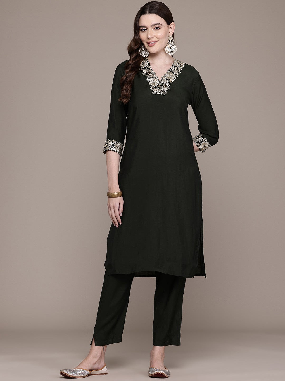 Straight Style Silk Fabric Green Colour Kurta With Bottom