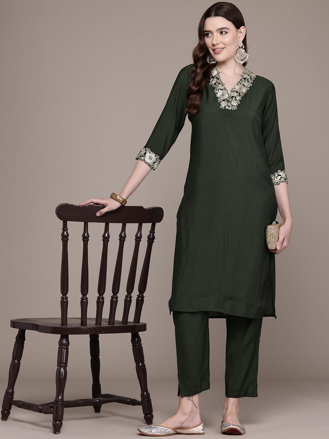 Straight Style Silk Fabric Green Colour Kurta With Bottom