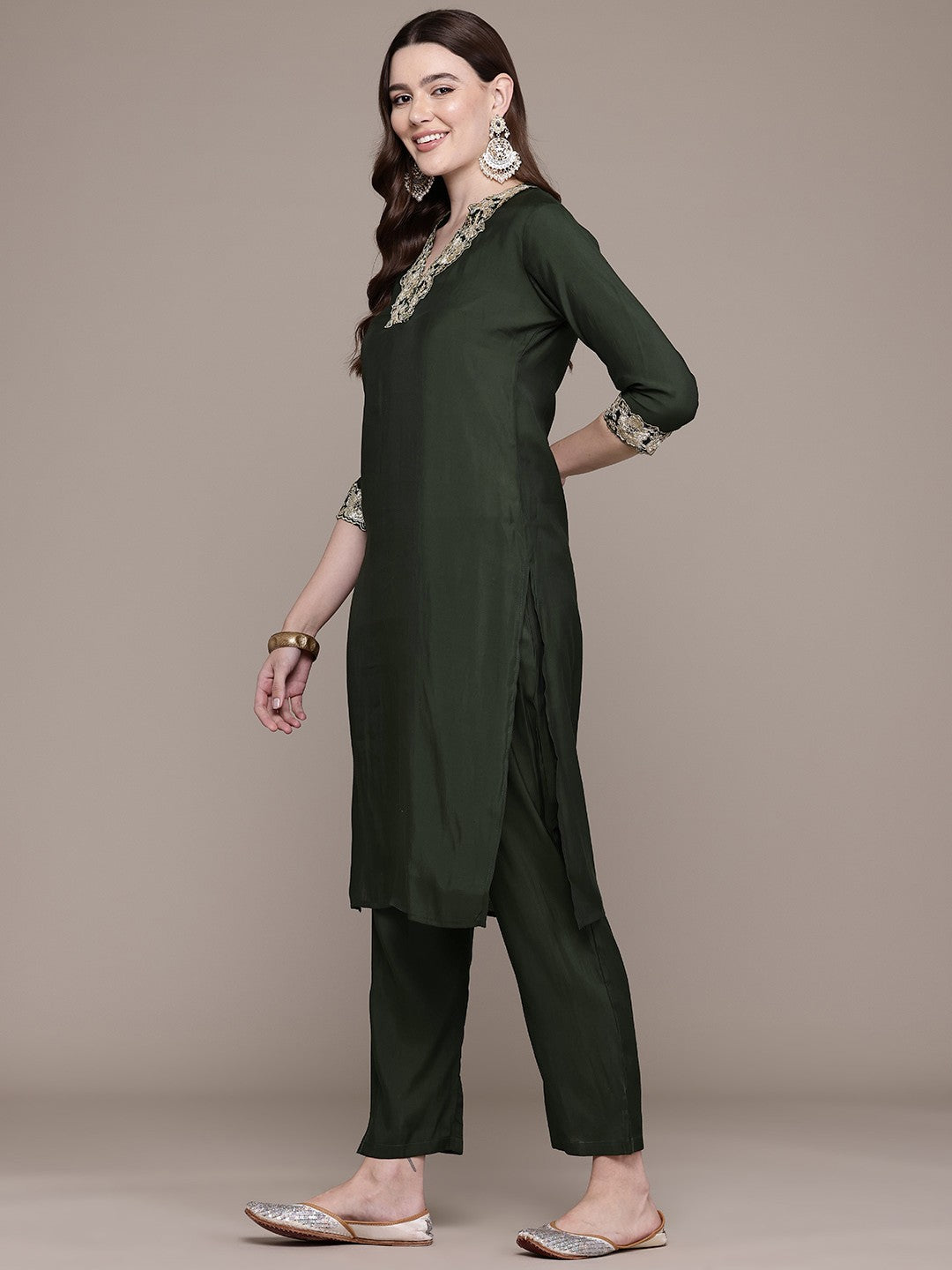 Straight Style Silk Fabric Green Colour Kurta With Bottom