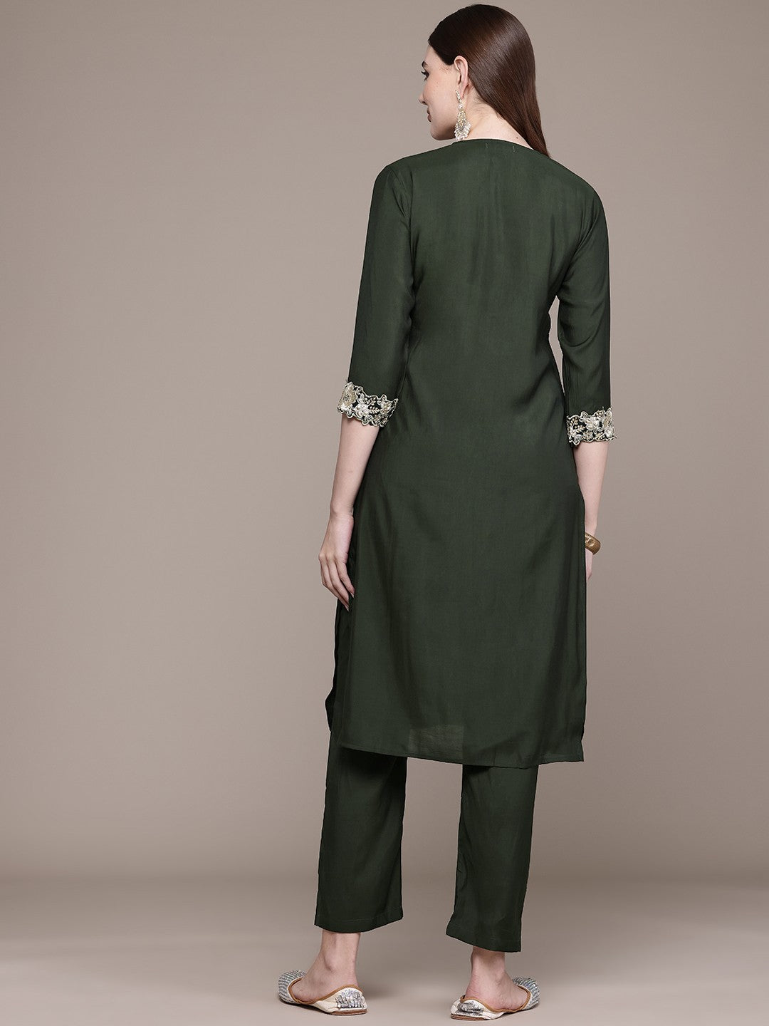 Straight Style Silk Fabric Green Colour Kurta With Bottom