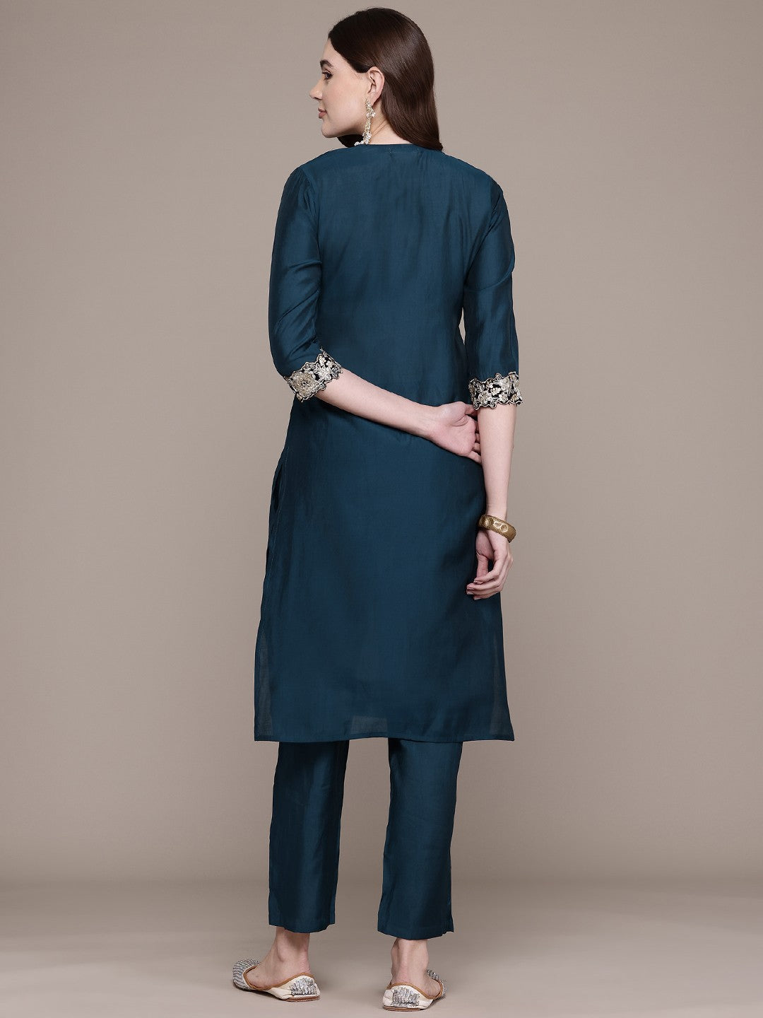 Straight Style Silk Fabric Teal Colour Kurta With Bottom