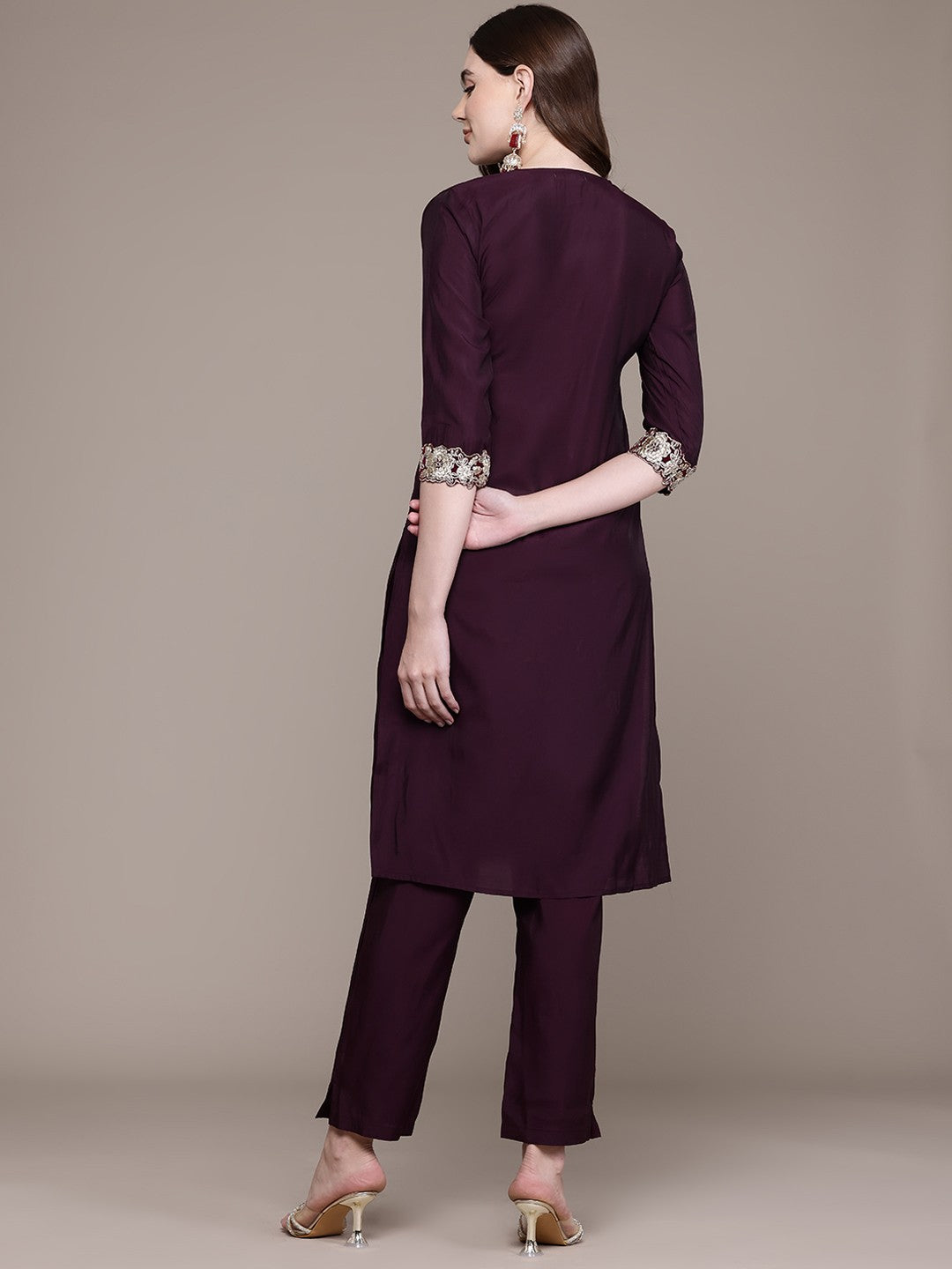 Straight Style Silk Fabric Violet Colour Kurta With Bottom