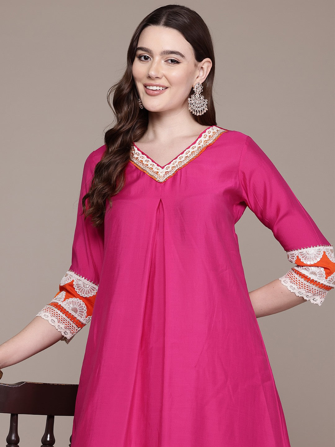 A Line Style Silk Fabric Magenta Colour Kurta With Bottom