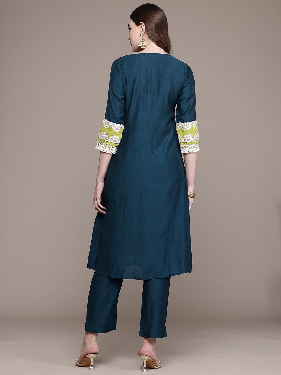 A Line Style Silk Fabric Teal Colour Kurta With Bottom