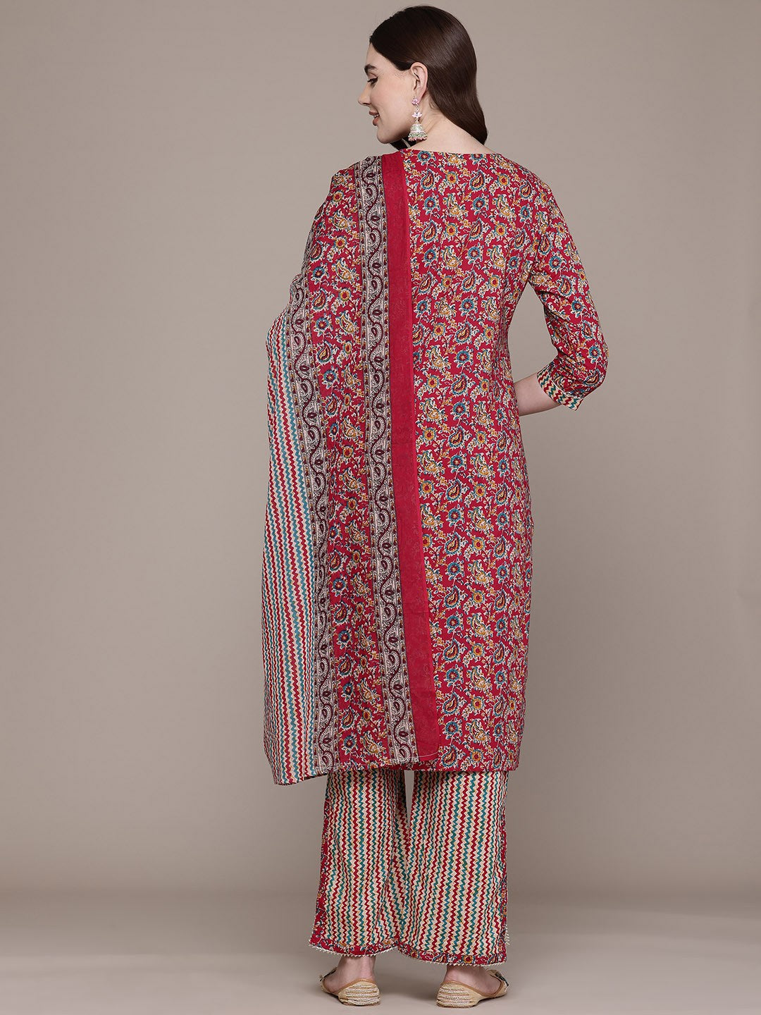 Straight Style Cotton Fabric Red Colour Kurta And Bottom With Dupatta