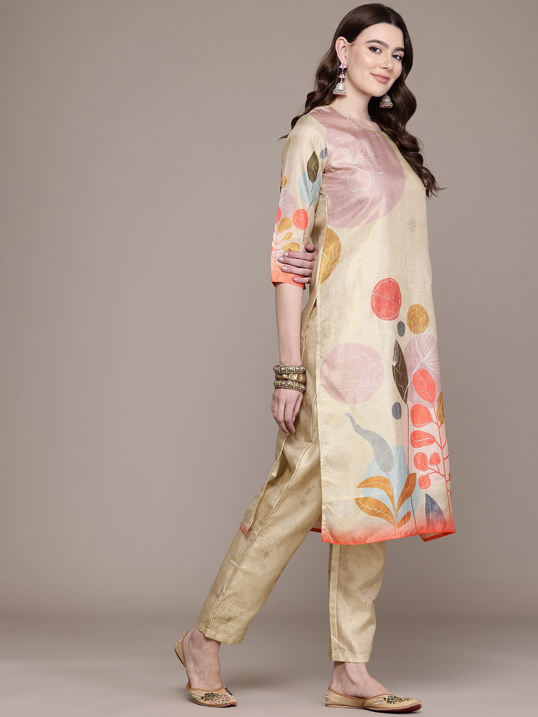 Straight Style Chanderi Silk Fabric Gold Colour Kurta And Bottom With Dupatta
